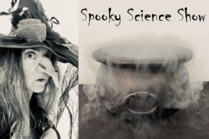 Spooky Science Show, witch and cauldron with fog flowing down the sides