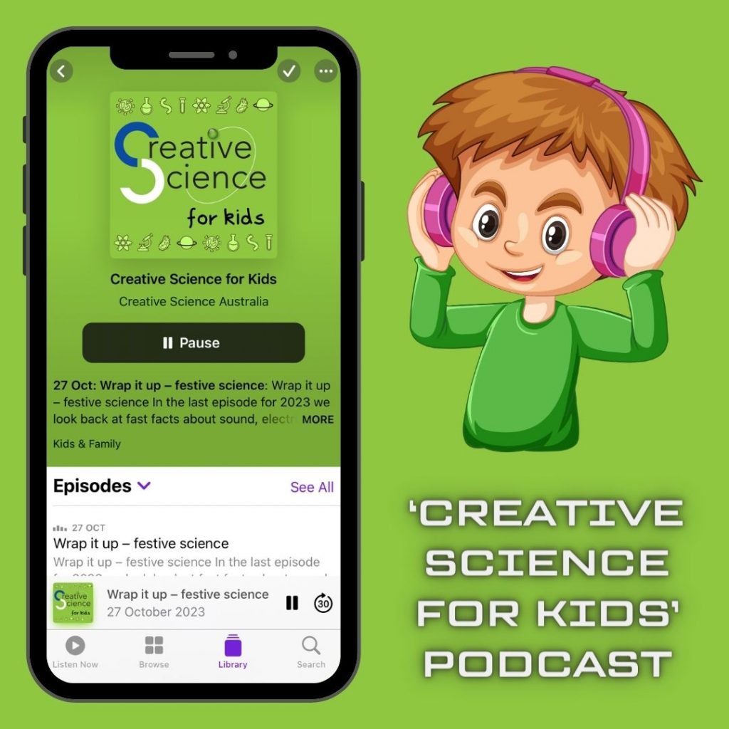 Smart phone playing Creative Science for Kids podcast. Cartoon child wearing headphones.